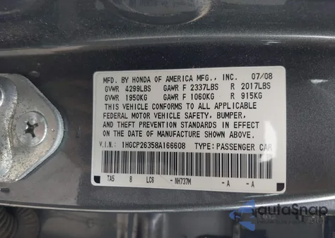 2008 Honda Accord 2.4 Lx из США, поврежденный, VIN 1HGCP26358A166608